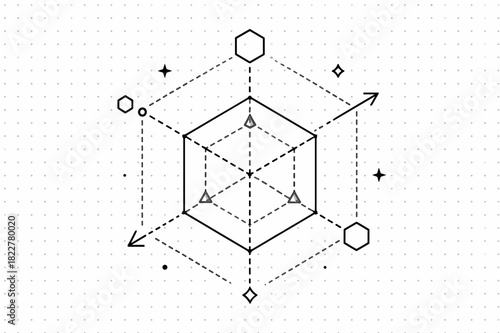 Geometric Design Elements. iso axes, cube hints, hex nodes, dotted guides, triangular facets, diamond tips,