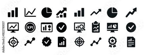 Set of business analytics and growth icons in black and white