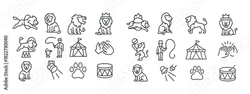 Circus lion icons: performance, animals, tent, trainer, drum illustrations