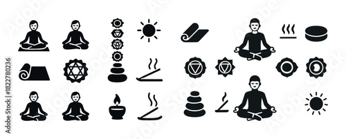 Meditation and yoga icons set featuring diverse yoga poses and related symbols