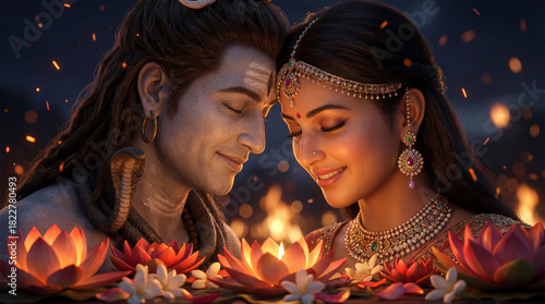 Lord shiva and goddess parvati in a loving embrace surrounded by glowing lotus flowers and divine light