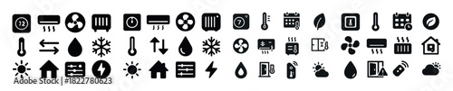 Home climate control icons: thermostat, air conditioning, heating, ventilation, weather symbols