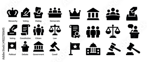 Set of political and government icons: voting, law, monarchy, and debate symbols