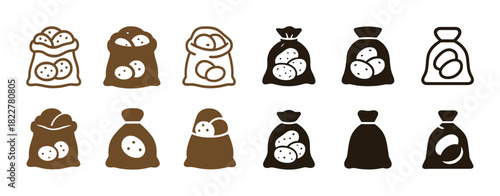 Various iconic potato bag illustrations in brown and black on white background