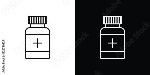 Pill bottle icon outline set in black and white. thin line style.
