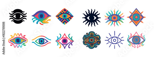 Colorful eye symbols: abstract designs with vibrant patterns and shapes