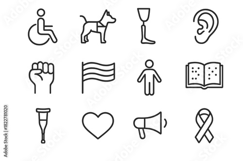 Disability Awareness Icons. Disability awareness icons. Line outline icon set of disability awareness icons: