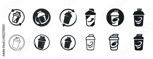 Set of icons featuring shaker bottles in various styles and circular arrows