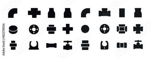 Silhouette icons of plumbing pipe fittings and valves on white background