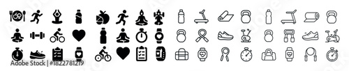 Fitness and wellness icons: yoga, exercise, nutrition, meditation, health