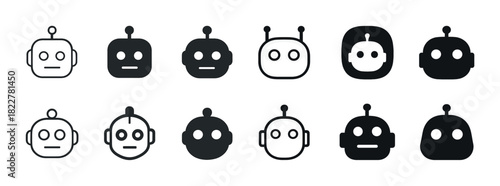 Set of minimalist black and white robot icons with simple features