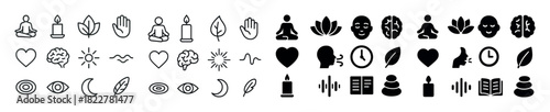 Collection of meditation and mindfulness icons featuring calm and peaceful symbols