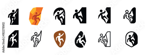 Diverse rock climbing icons collection in various styles and colors