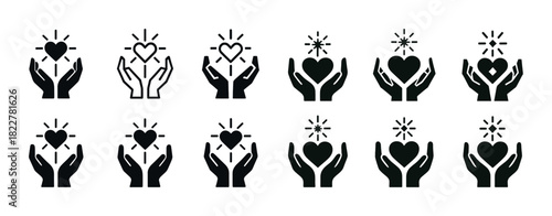 Heart and hands icons: love, care, support, and charity symbols