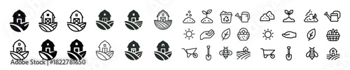 Variety of farm and gardening icons featuring tools and produce