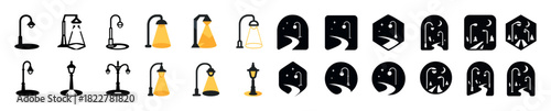 Minimalist icon set of streetlights and abstract faces in monochrome and yellow