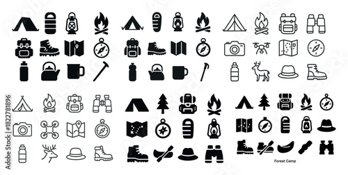 Camping and hiking icon set with tents, boots, maps, and tools