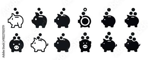 Set of piggy bank icons with coin deposits in various styles