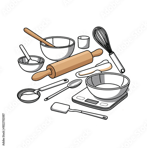 Baking kitchen utensils including bowls rolling pin whisk scale and spoons tool cooking