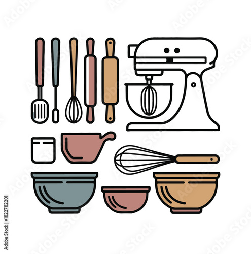 Collection of baking utensils and mixing bowls in pastel colors kitchen mixer