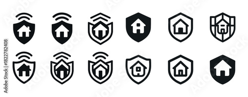 Home security icon set: wireless protection with shield and home symbols