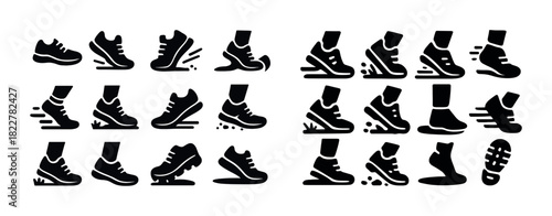 Stylized shoe silhouettes illustrating various walking and running movements