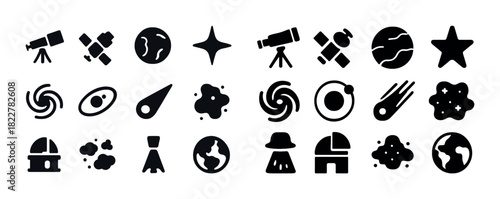 Assorted astronomy icons collection: telescope, planet, star, galaxy, rocket
