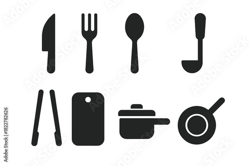 Kitchen Utensil Icons. Kitchen utensils. Filled icon set of kitchen utensils: knife, fork, spoon, ladle, tongs