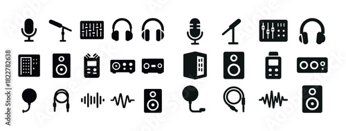 Audio equipment icons set: microphones, headphones, speakers, mixers, sound wave designs