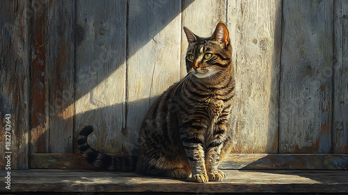 A cat is sitting on a wooden bench