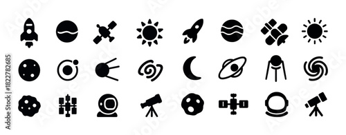 Space icons set: rockets, satellites, planets, sun, moon, astronaut, telescope