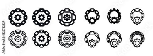 Set of gear and chain icons in various bold and outline styles