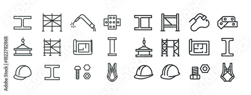 Line icons of construction tools and structures for engineering and building projects