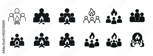 Campfire gathering icons: group activities, bonfire, camp meeting symbols for outdoor enthusiasts