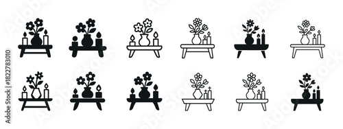 Collection of minimalist flower and candle icons on shelves