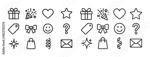 Gift and celebration icons set with hearts, stars, and smiley faces