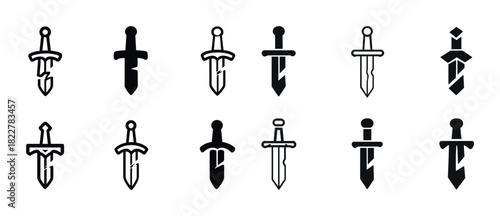 Set of black and white sword icons in diverse styles and designs
