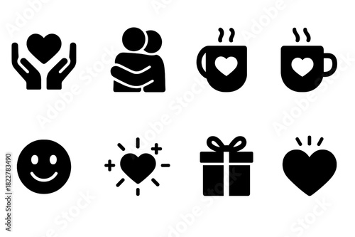 Heartwarming Icon Set. Heartwarming moments. Filled icon set of heartwarming moments: hands holding heart, hug