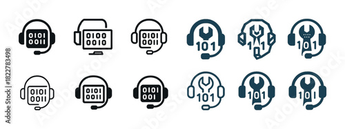 Binary code and headset icons for tech support and programming