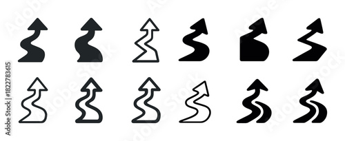 Set of curved arrow icons in various styles and shades