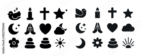 Collection of black silhouette icons: symbols of peace, nature, and spirituality