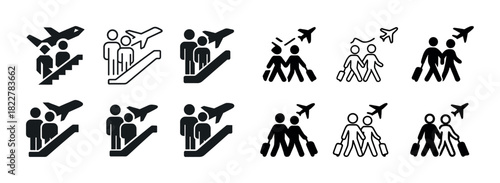 Air travel icons: passengers, airplanes, luggage, escalators, flight symbols