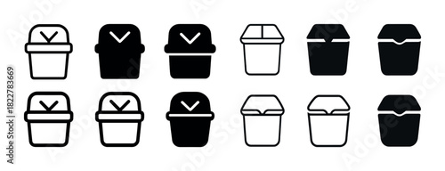 Set of twelve takeout box icons in black and white with variations