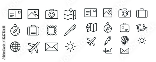 Travel icons set: camera, map, compass, airplane, globe