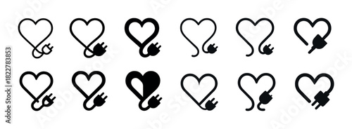 Heart-shaped electrical plug icons in various orientations and styles