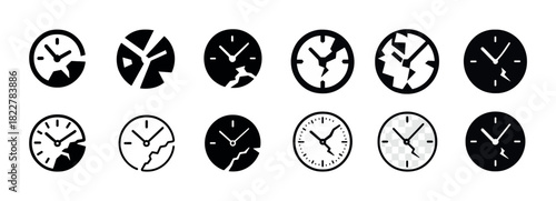 Collection of twelve broken clock icons showcasing creative variations