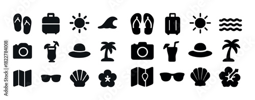 Summer vacation icons: flip flops, camera, suitcase, palm tree, sunglasses, sun, waves