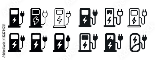 Electric vehicle charging station icon set with various styles