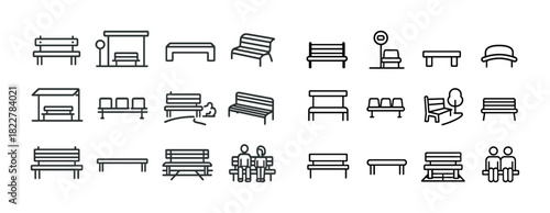 Collection of various bench icon designs in black outline style