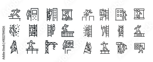 Icon set of parkour stick figures showcasing dynamic moves